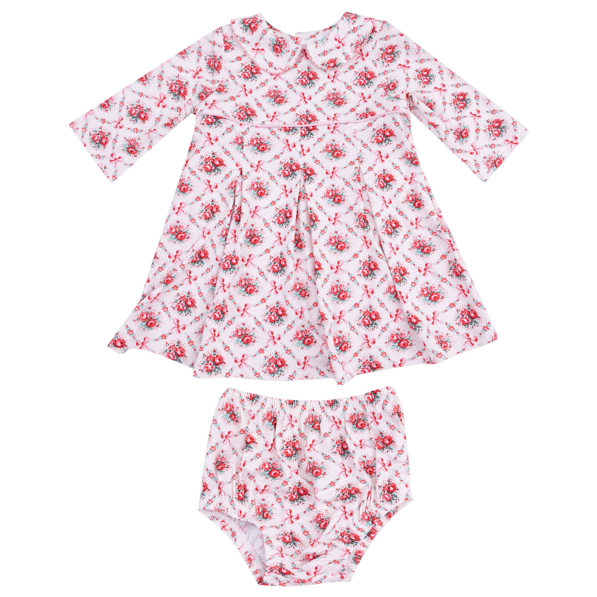 Box Pleat Dress with 3/4 Sleeve + Peter Pan Collar & Diaper Cover - HoneyBug 