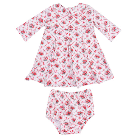 Box Pleat Dress with 3/4 Sleeve + Peter Pan Collar & Diaper Cover - HoneyBug 