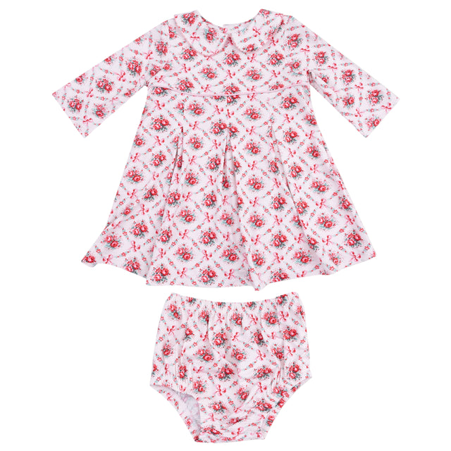 Box Pleat Dress with 3/4 Sleeve + Peter Pan Collar & Diaper Cover - HoneyBug 