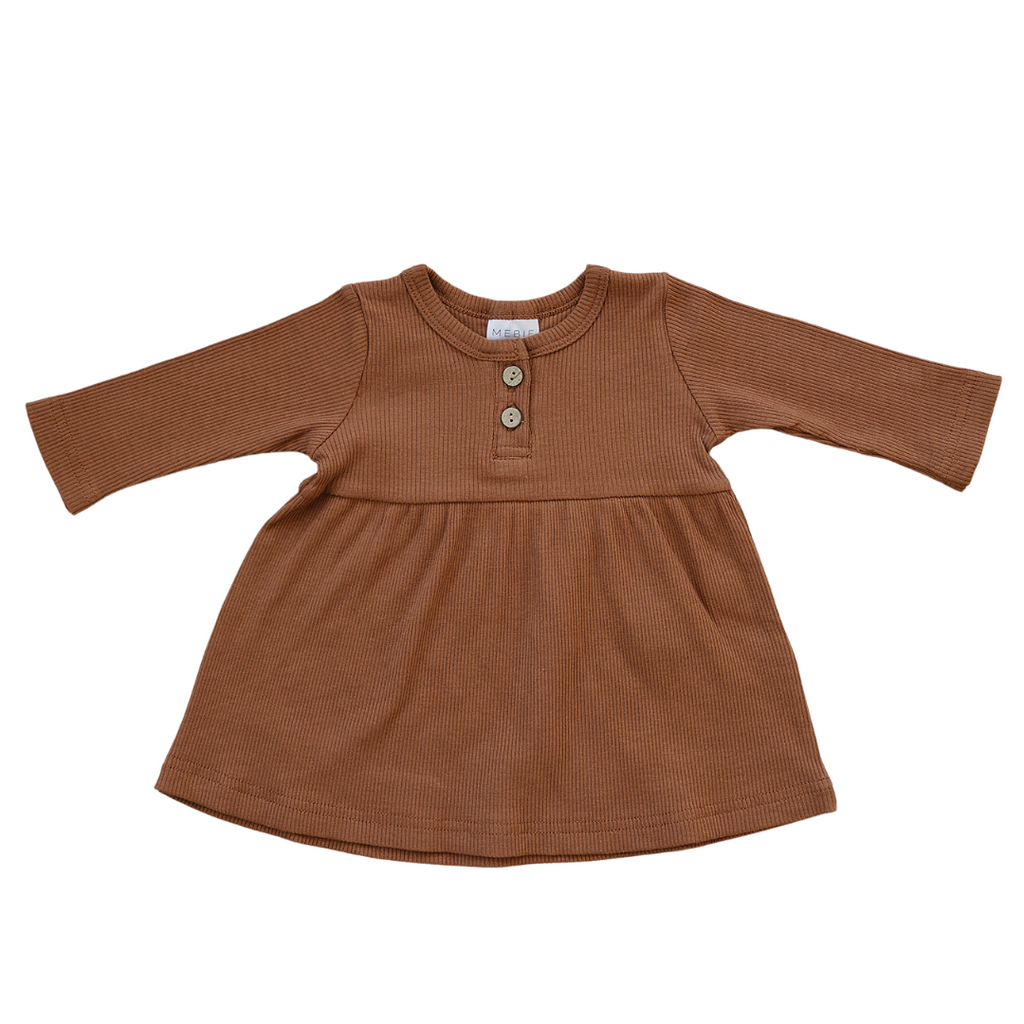 Rust Long Sleeve Button Ribbed Organic Cotton Dress - HoneyBug 