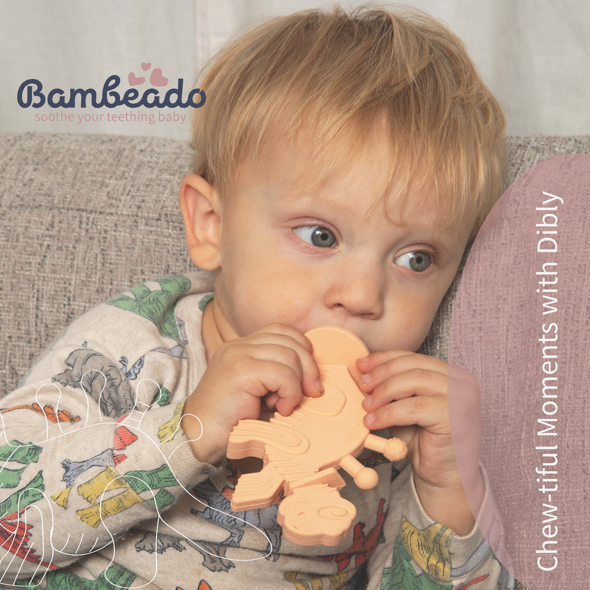 Dibly - Pink - Baltic Amber & Natural Rubber Dinosaur Teether with Toothbrush Tail- - HoneyBug 
