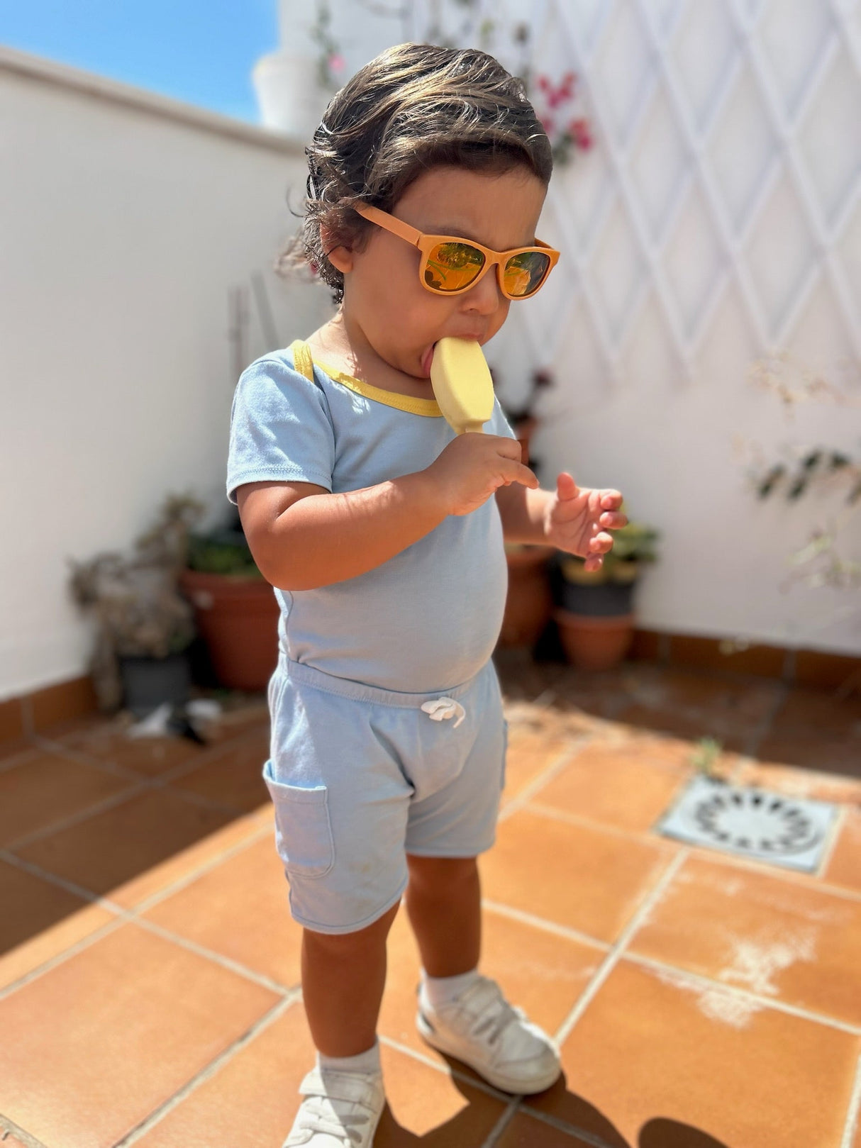 100% Peruvian Pima Cotton Chambray Blue with Yellow Short Sleeve Snap Bodysuit - HoneyBug 