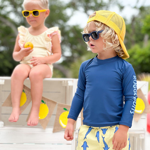 RuggedButts Baby Jawsome Swim Trunks & Rash Guard with Roshambo Navy Sunglasses - HoneyBug 