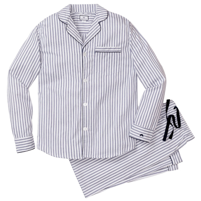 Men's Twill Pajama Set in Navy French Ticking - HoneyBug 