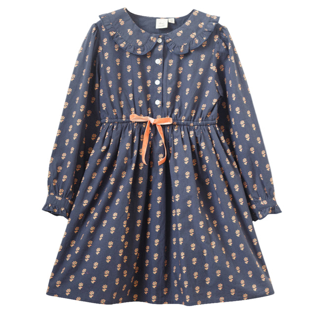 Girls' Long Sleeves Dress with Velvet Tie | Adelaide Orange Floral - HoneyBug 