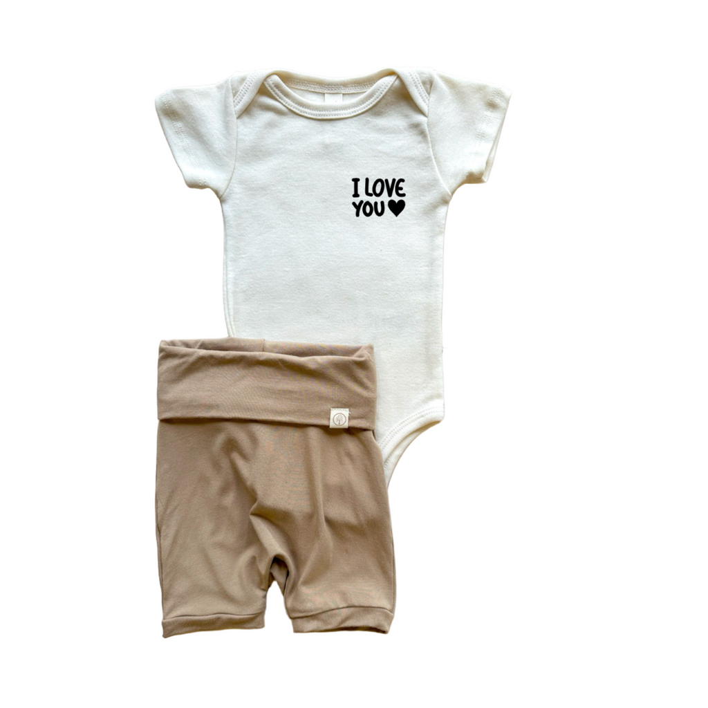 I Love You Heart | Bamboo Fold Over Shorties and Organic Cotton Bodysuit Set | Almond - HoneyBug 