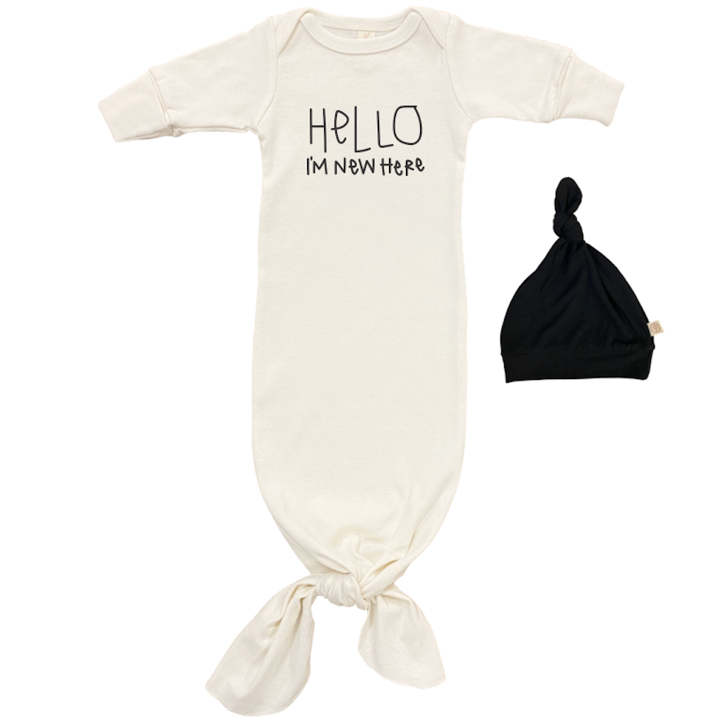 Hello Im New Here Gown + Hat Set - Black - HoneyBug 