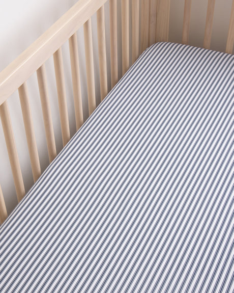 Luxe Premium Percale Crib Sheet in Navy French Ticking