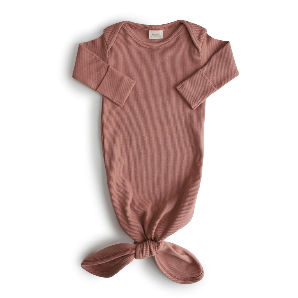 Ribbed Knotted Baby Gown - Cedar (0-3M) - HoneyBug 