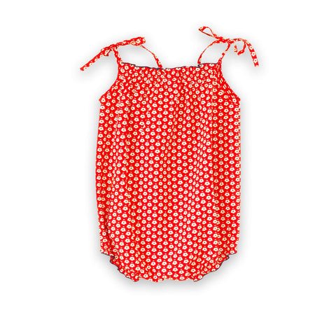 Baby Romper with Smocked Neck | Flowers in Brilliant Red - HoneyBug 