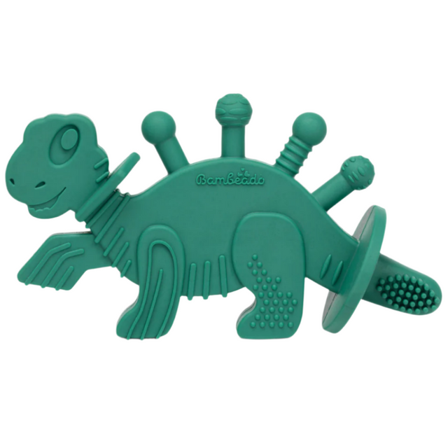 Dibly - Green - Baltic Amber & Natural Rubber Dinosaur Teether with Toothbrush Tail- - HoneyBug 
