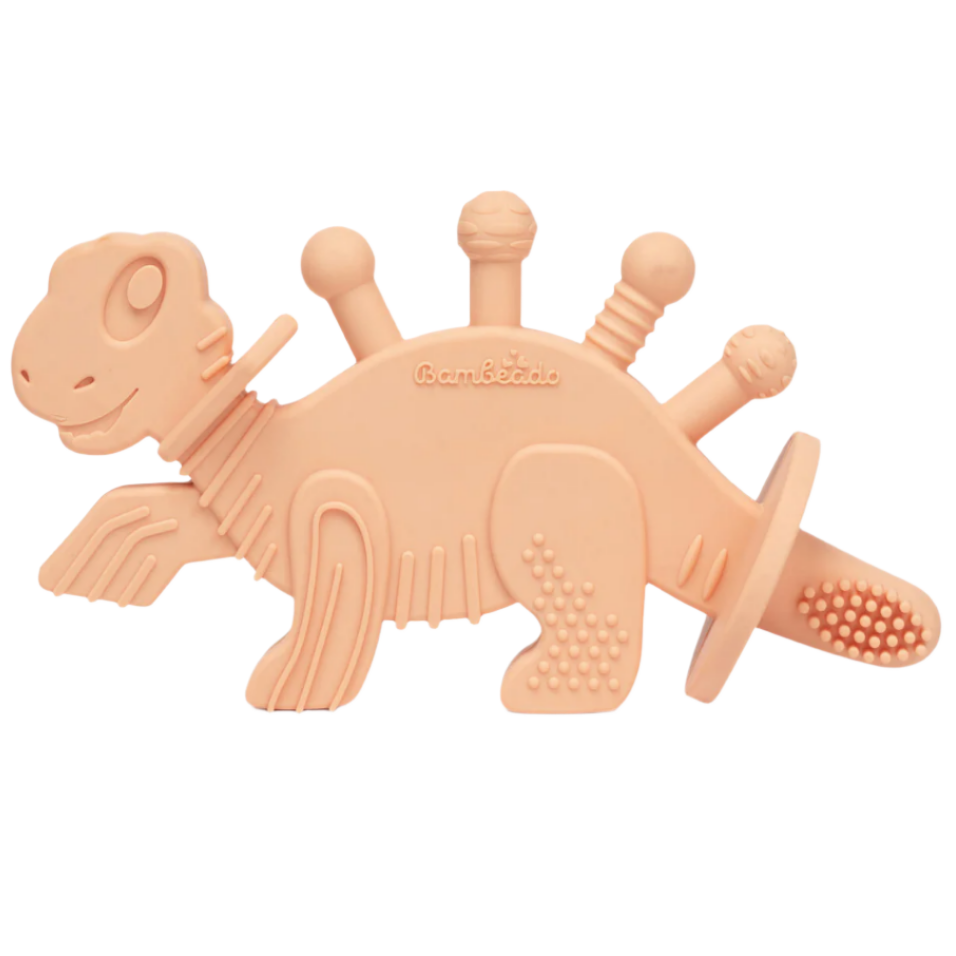 Dibly - Pink - Baltic Amber & Natural Rubber Dinosaur Teether with Toothbrush Tail- - HoneyBug 