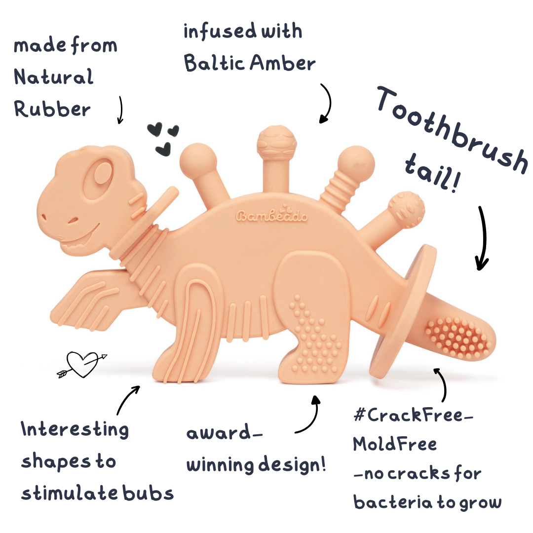 Dibly - Pink - Baltic Amber & Natural Rubber Dinosaur Teether with Toothbrush Tail- - HoneyBug 