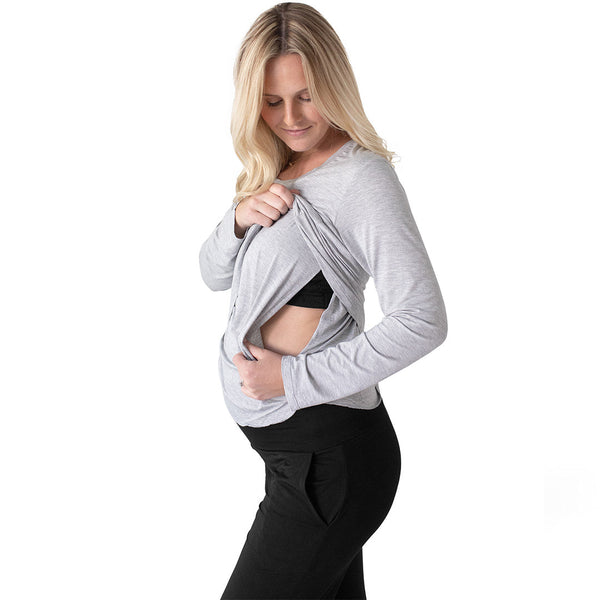 Bamboo Nursing & Maternity Long Sleeve T-shirt | Grey Heather - HoneyBug 