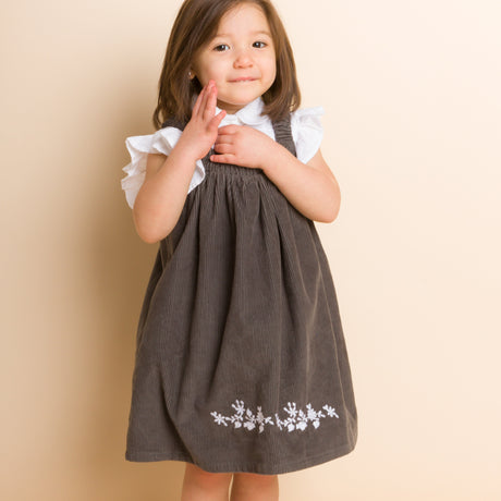 Toddler Pinafore Corduroy Dress with Embroidery | Gray & White - HoneyBug 