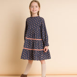Girls' Long Sleeves Tiered Skirt Dress with Velvet Trim | Orange Floral - HoneyBug 