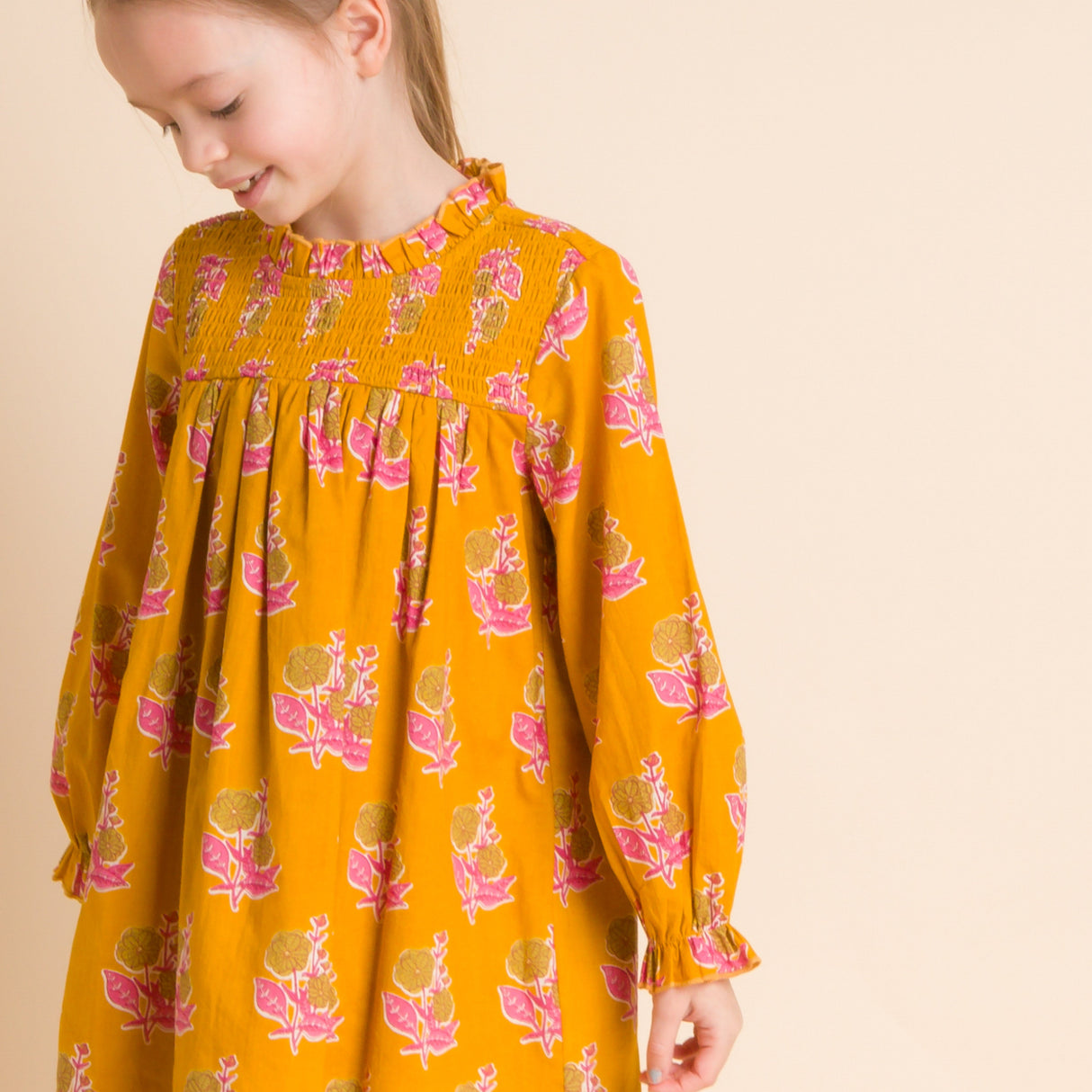 Girls' Smocked Long Sleeve Dress | Mustard and Pink - HoneyBug 