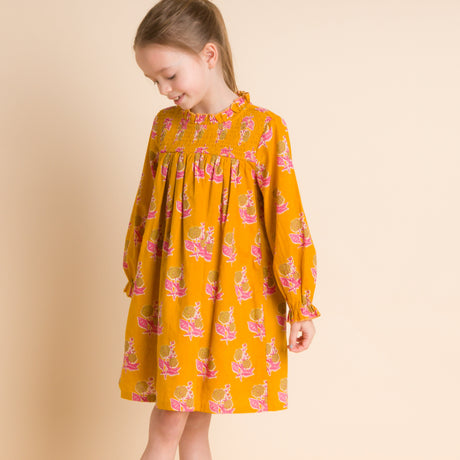 Girls' Smocked Long Sleeve Dress | Mustard and Pink - HoneyBug 