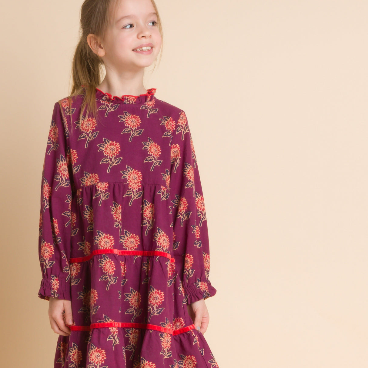 Girls' Long Sleeves Tiered Skirt Dress with Velvet Trim | Purple and Red - HoneyBug 