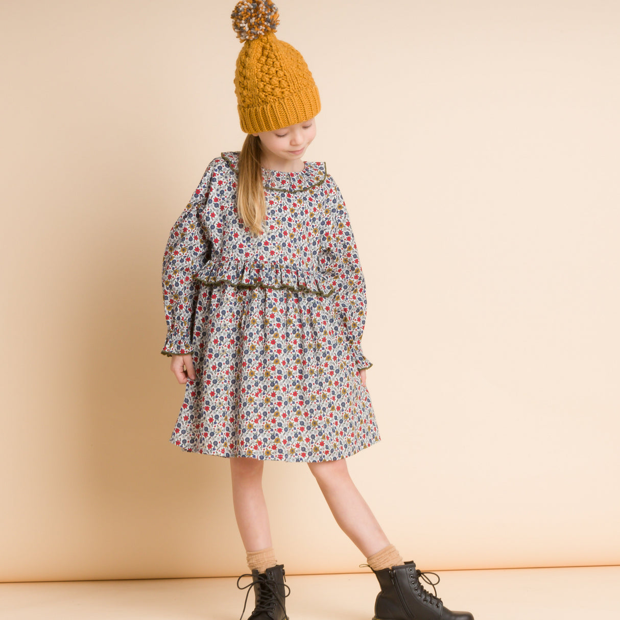 Girls' Ruffle Collar Long Sleeve Dress | Blue and Mustard Floral - HoneyBug 