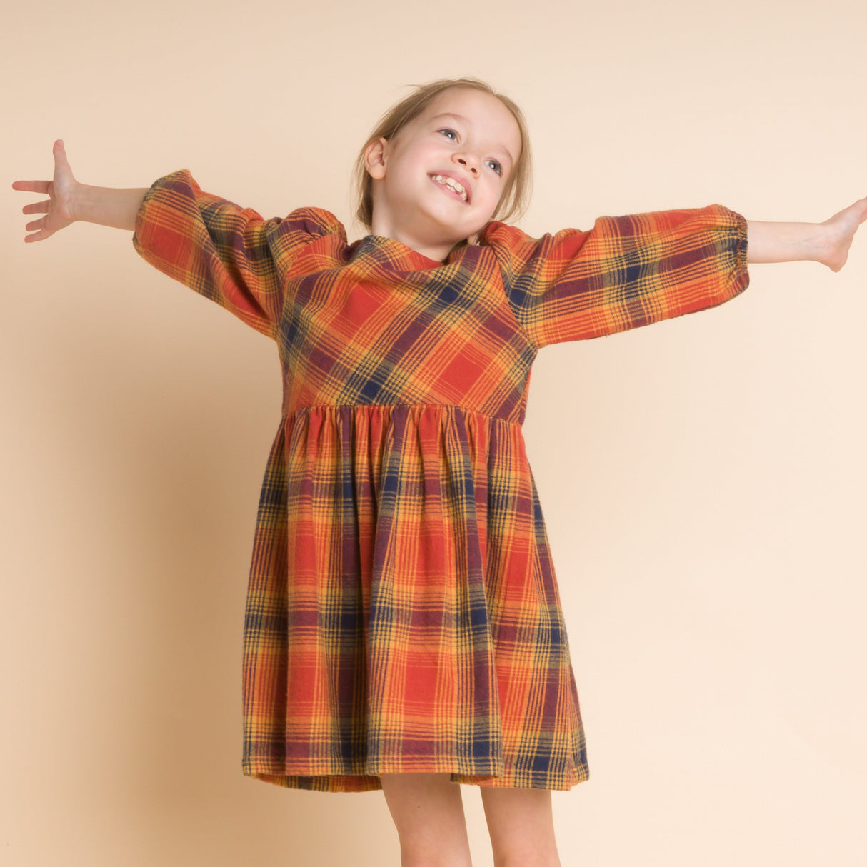 Girls' Long Sleeve Plaid Flannel Dress, Orange - HoneyBug 
