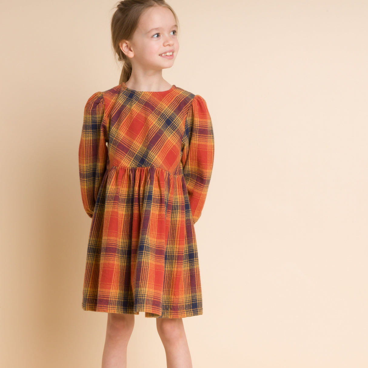 Girls' Long Sleeve Plaid Flannel Dress, Orange - HoneyBug 