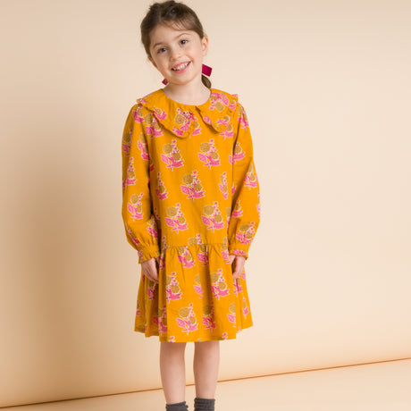 Girls' Wide Collar Long Sleeve Dress with Low Waist | Mustard and Pink - HoneyBug 