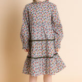 Girls' Long Sleeves Tiered Skirt Dress with Velvet Trim | Blue and Mustard - HoneyBug 