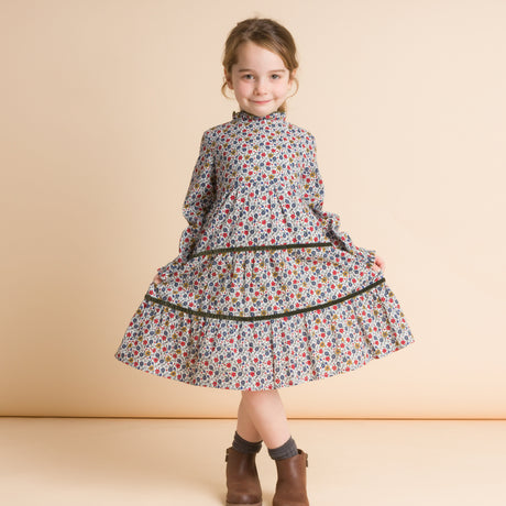 Girls' Long Sleeves Tiered Skirt Dress with Velvet Trim | Blue and Mustard - HoneyBug 