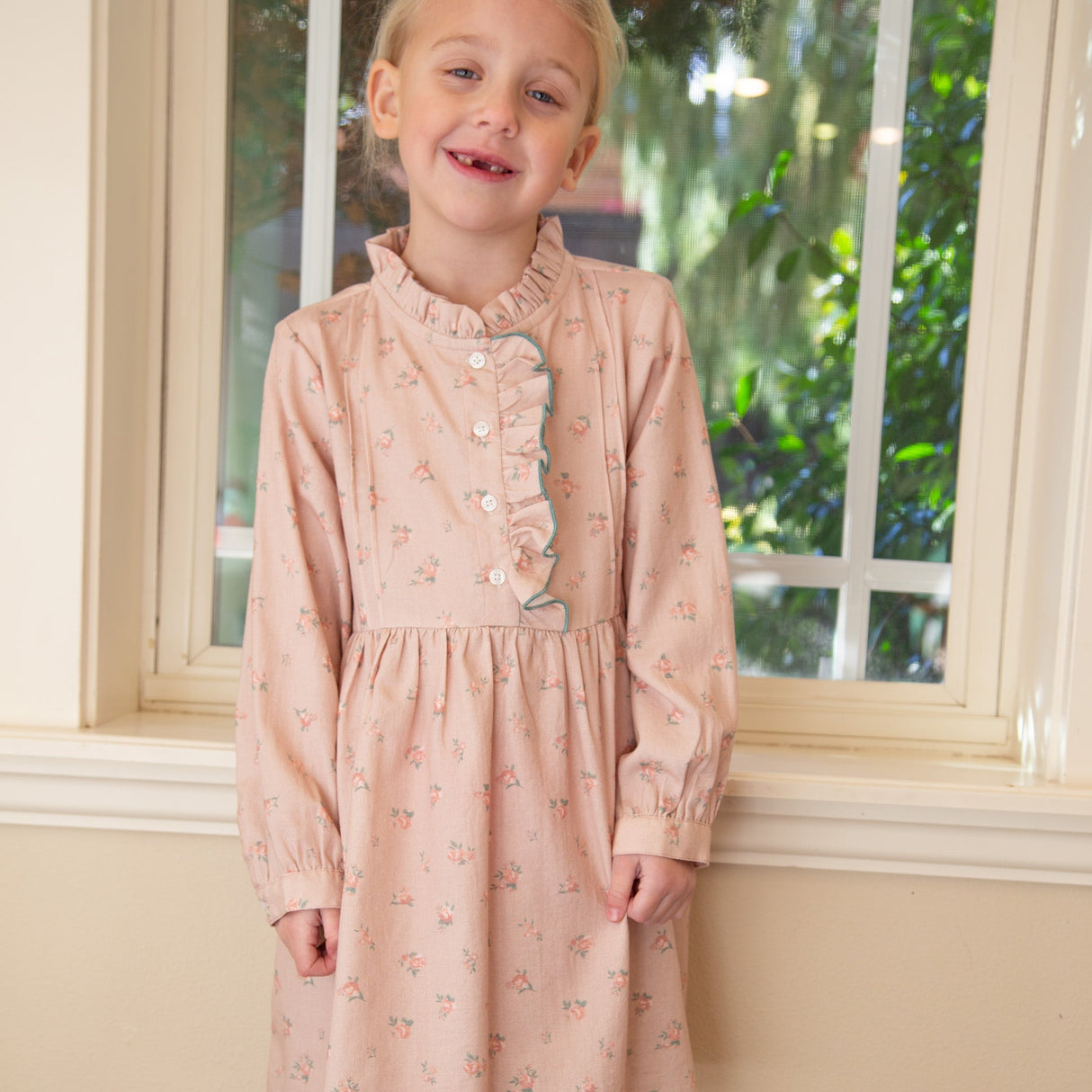 Girls Long Sleeves Dress with Front Ruffle | Vintage Pink Rose - HoneyBug 