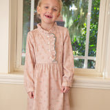 Girls Long Sleeves Dress with Front Ruffle | Vintage Pink Rose - HoneyBug 
