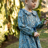 Girls Adelaide Velvet Tie Dress | Blue and Mustard Wildflowers - HoneyBug 