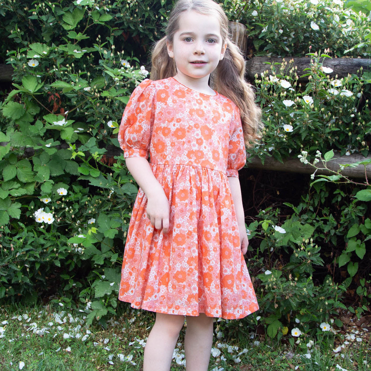 Girls' Short Puff Sleeve Dress | Orange Meadow - HoneyBug 