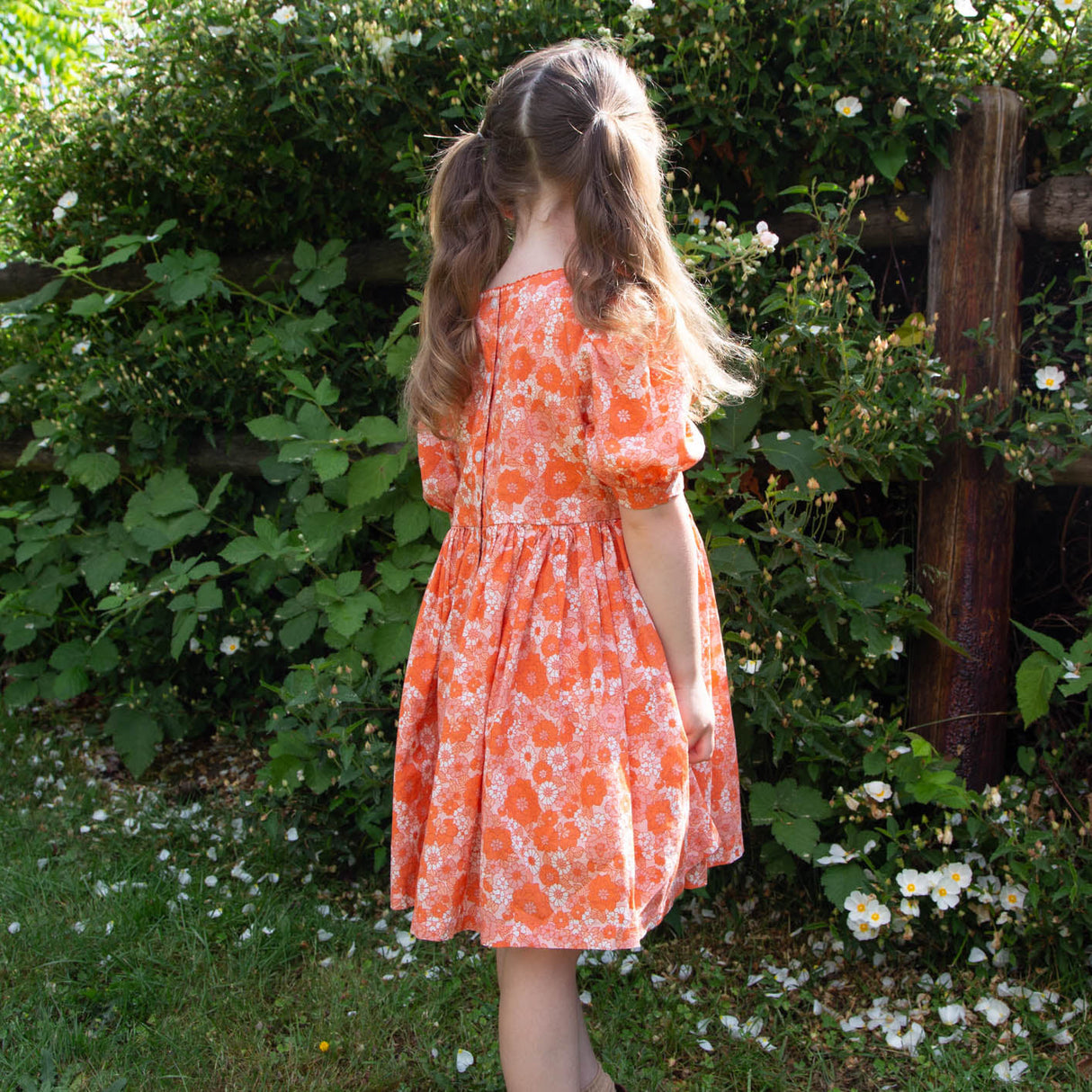 Girls' Short Puff Sleeve Dress | Orange Meadow - HoneyBug 