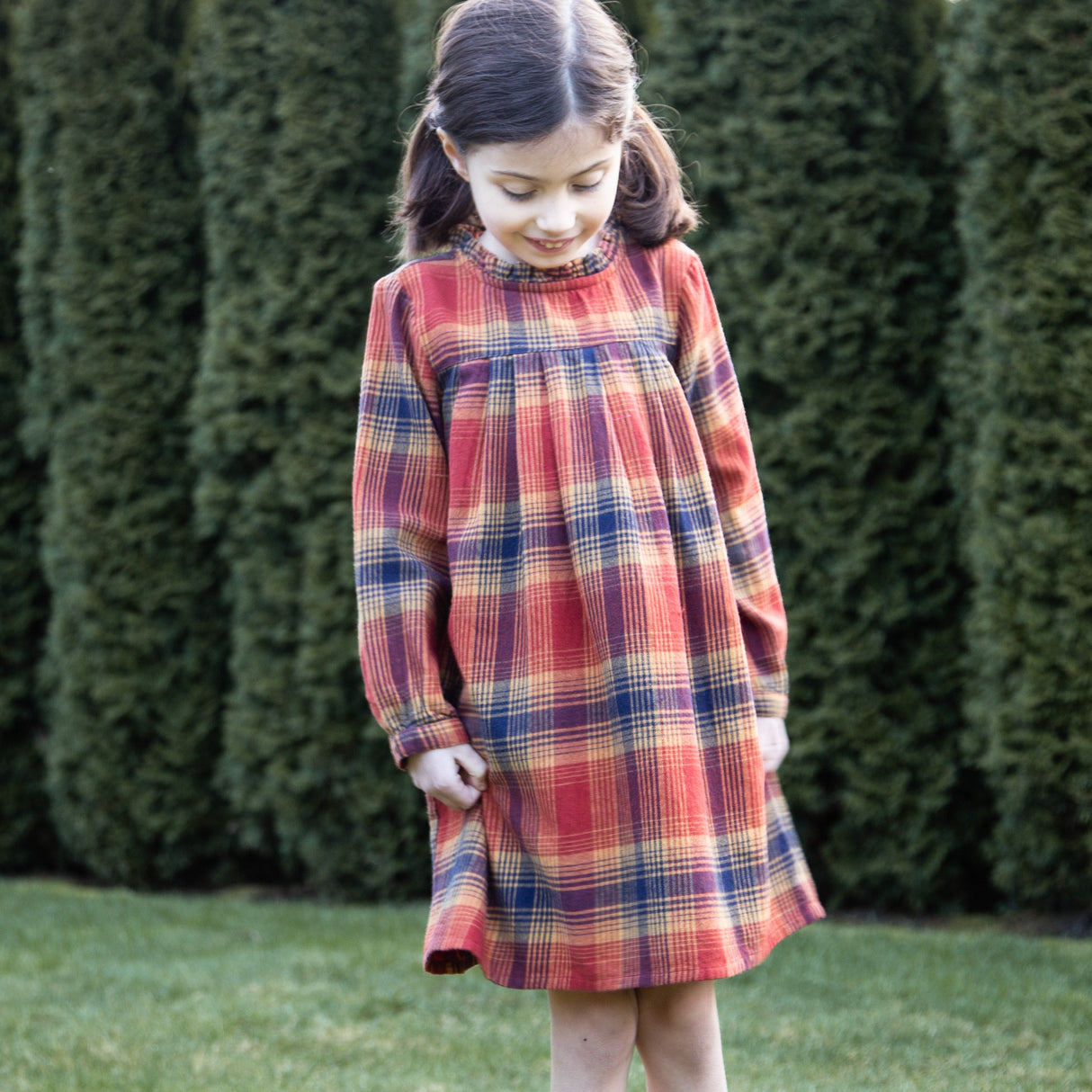 Girls' Long Sleeve Plaid Flannel Dress | Orange Check - HoneyBug 