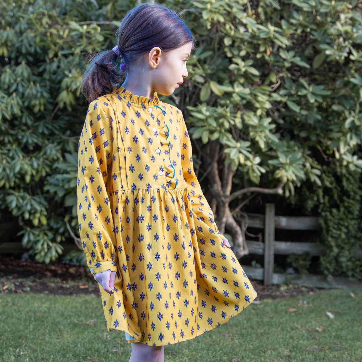 Girls' Long Sleeves Dress with Front Ruffle| Yellow and Pink - HoneyBug 