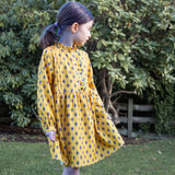 Girls' Long Sleeves Dress with Front Ruffle| Yellow and Pink - HoneyBug 