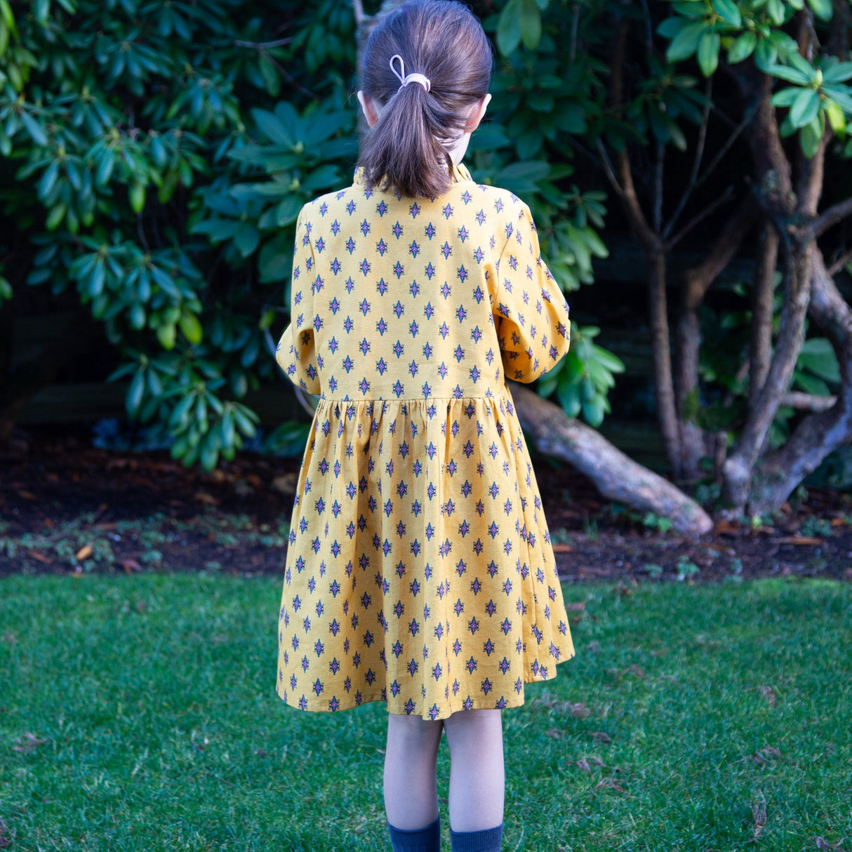 Girls' Long Sleeves Dress with Front Ruffle| Yellow and Pink - HoneyBug 