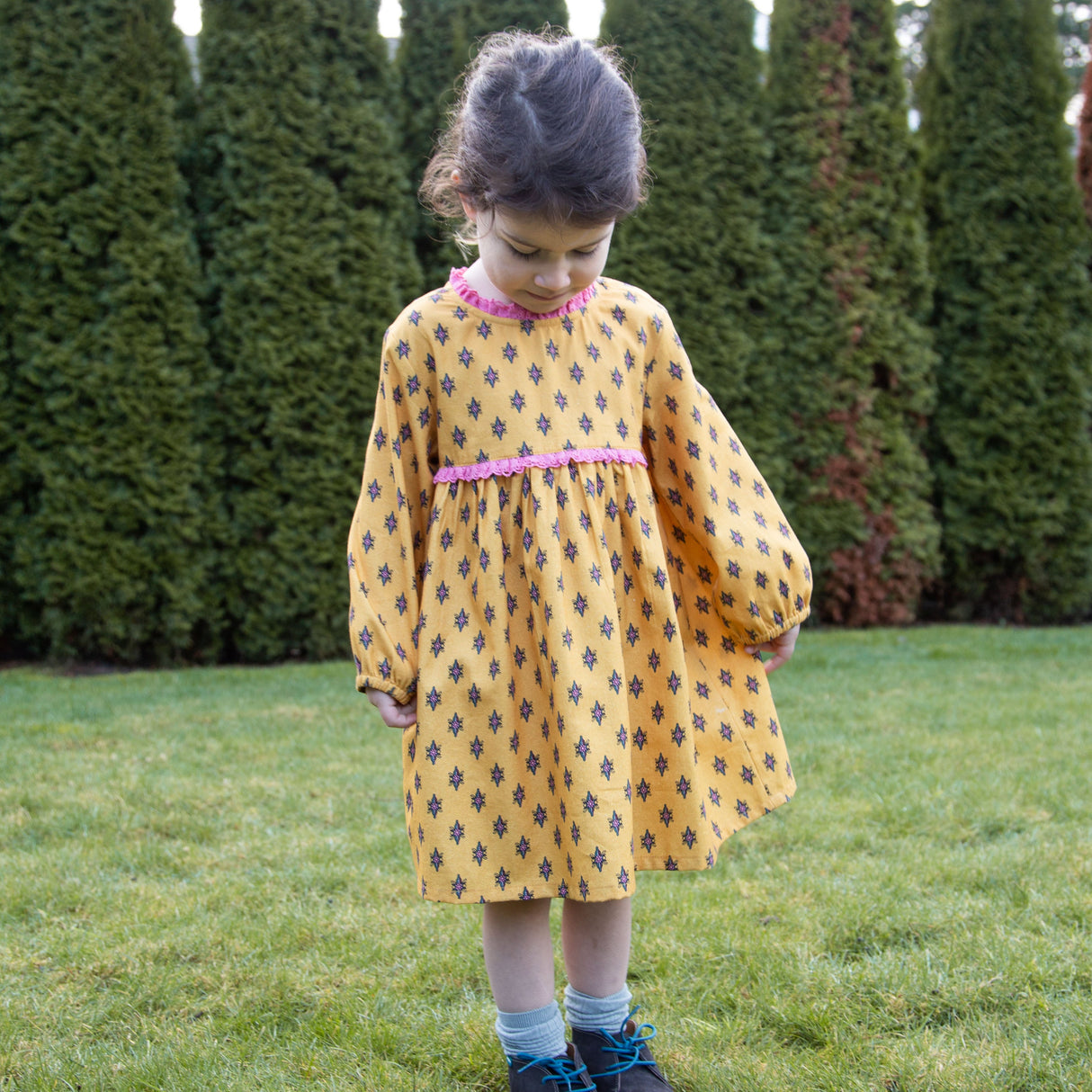 Toddler Long Sleeves Dress with Lace Trim | Yellow and Pink - HoneyBug 