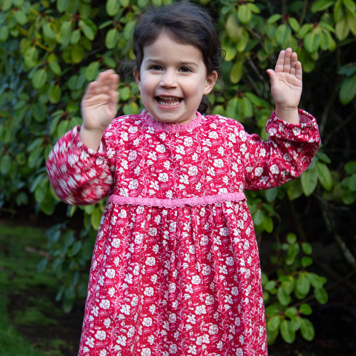 Toddler Long Sleeves Dress with Lace Trim | Red and White Floral - HoneyBug 
