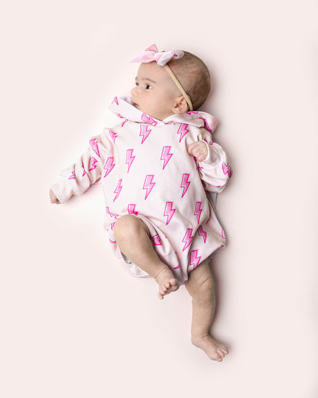 Hooded Bubble Romper | Pink Bolts - HoneyBug 