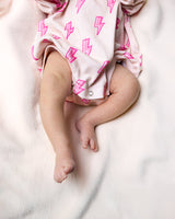 Hooded Bubble Romper | Pink Bolts - HoneyBug 