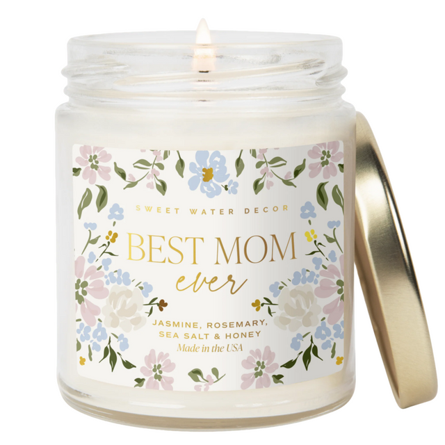 Best Mom Ever Soy Patterned Candle - Clear Jar - 9 oz (Wildflowers and Salt) - HoneyBug 