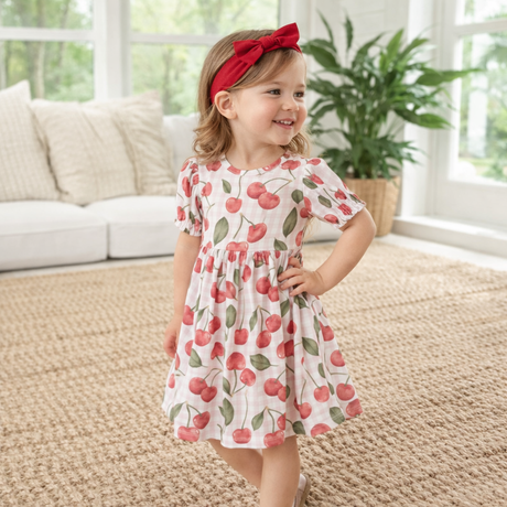 Cherry Picnic Puff Sleeve Bamboo Dress