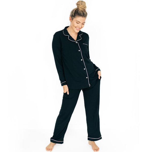 Clea Bamboo Classic Long Sleeve Pajama Set | Black - HoneyBug 