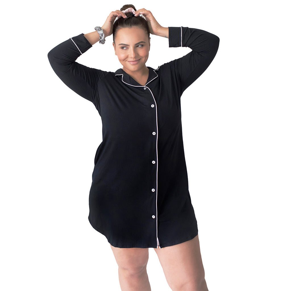 Clea Bamboo Classic Long Sleeve Sleep Shirt | Black - HoneyBug 