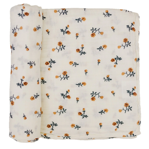 Cream Floral Muslin Swaddle Blanket - HoneyBug 