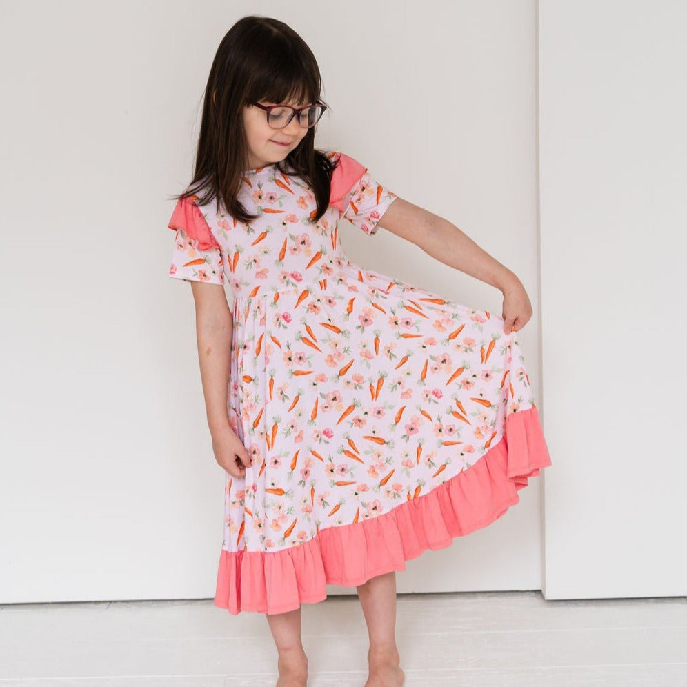 Lillian's Pink Easter Carrots Ruffle Girls Dress - HoneyBug 