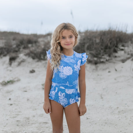 Grace Denim Floral Open Back One Piece Swimsuit - HoneyBug 