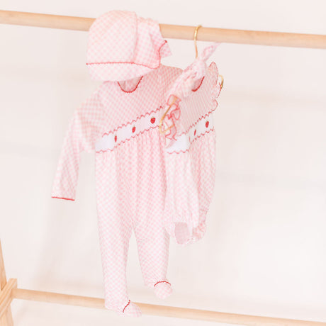 Pink Gingham Strawberry Smocked Footie - HoneyBug 